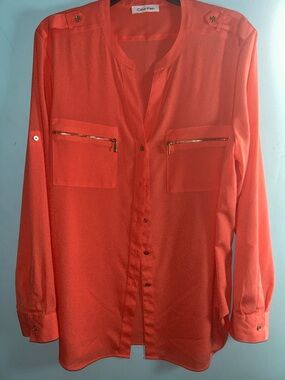 Calvin Klein Men’s Orange Long-Sleeve Button-Front Shirt with Zip Pockets